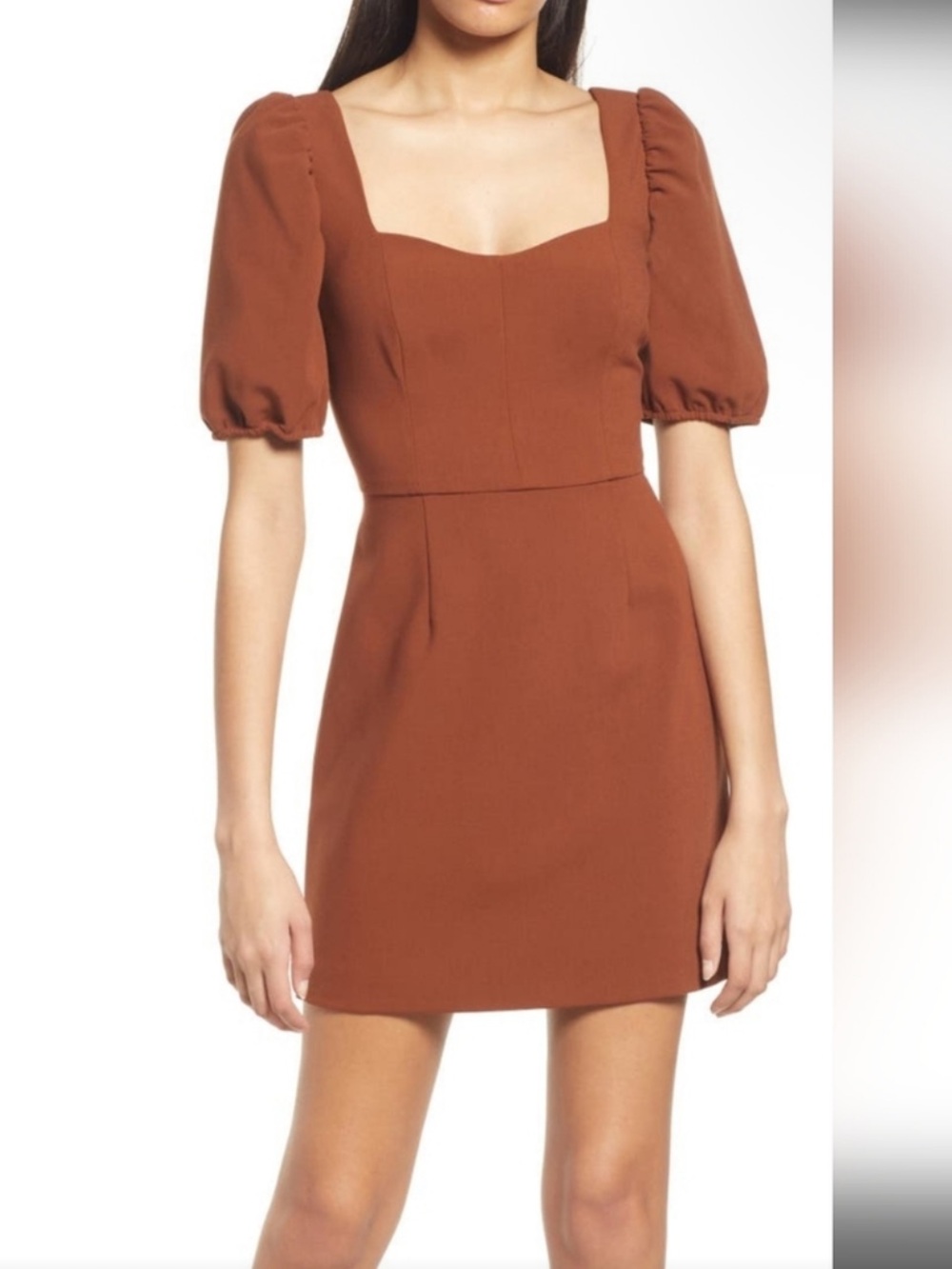 French Connection Rust Brown Square-Neck Puff-Sleeve Mini Dress